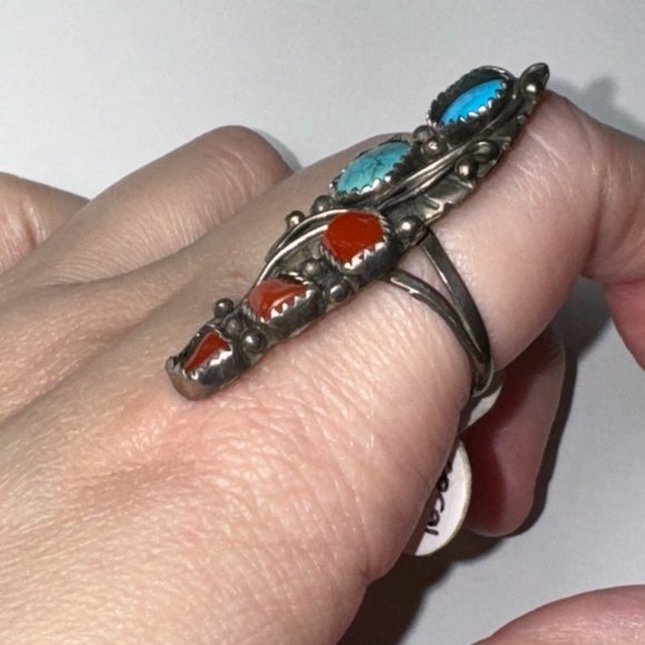 Sterling Silver Turquoise And Coral Ring, Size 9 - Picture 3 of 14